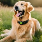 Golden retriever wearing a smart GPS collar outdoors in a park