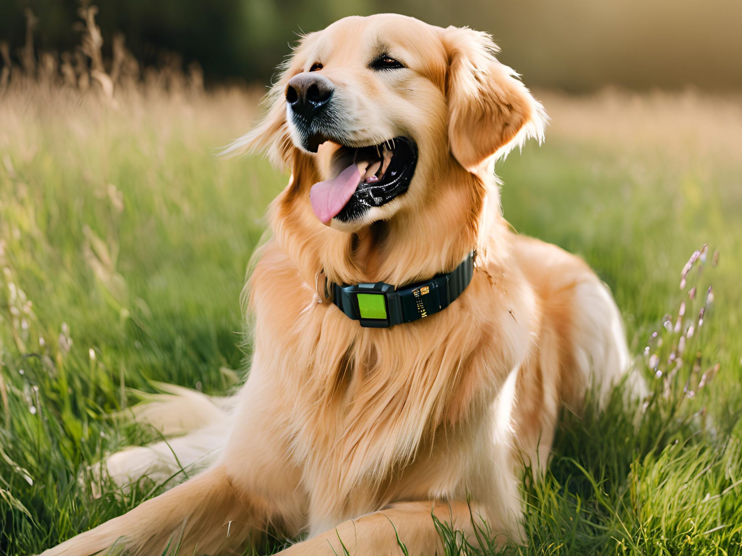Golden retriever wearing a smart GPS collar outdoors in a park