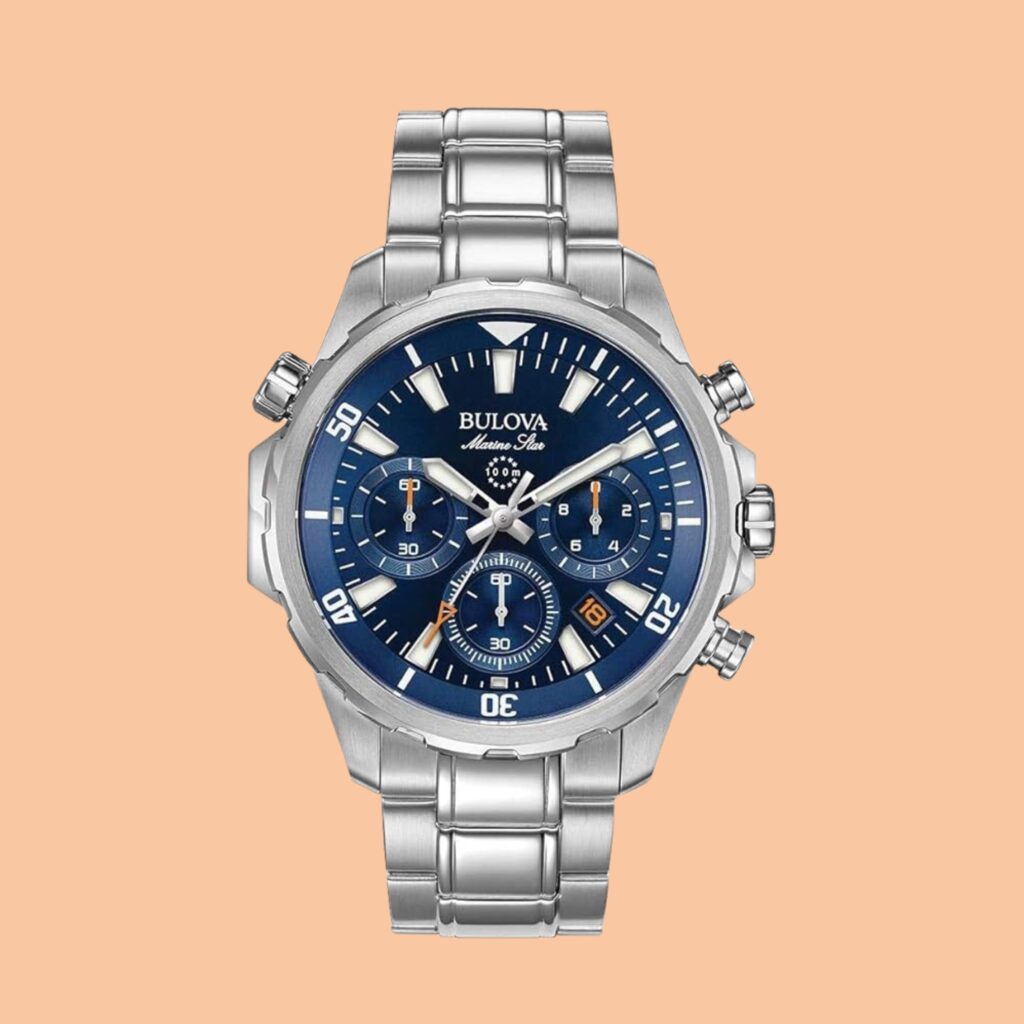 Bulova Marine Star Series B men’s chronograph watch with silver-tone stainless steel on a reflective surface