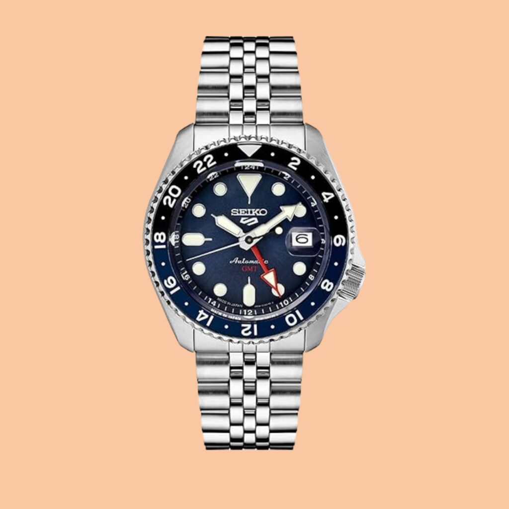 Seiko 5 Sports GMT men’s watch with blue dial and stainless steel bracelet