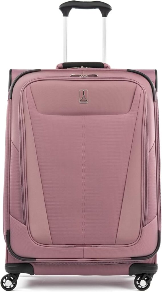 Travelpro Maxlite 5 Carry-On with 4-wheel spinner design, expandable capacity, and PowerScope handle for easy maneuvering.