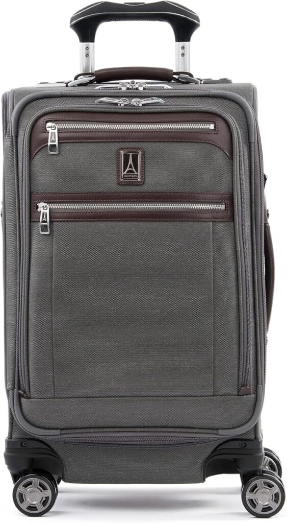 Travelpro Platinum Elite Carry-On Spinner suitcase with 360° dual spinner wheels and USB port, ideal for frequent travelers