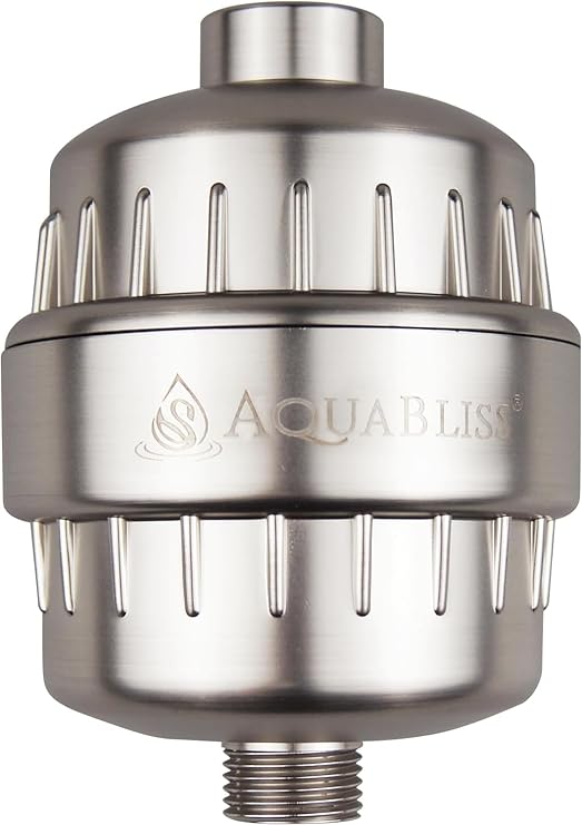 AquaBliss Revitalizing Shower Filter SF100 installed on a chrome shower arm, filtering water for softer skin and healthier hair.