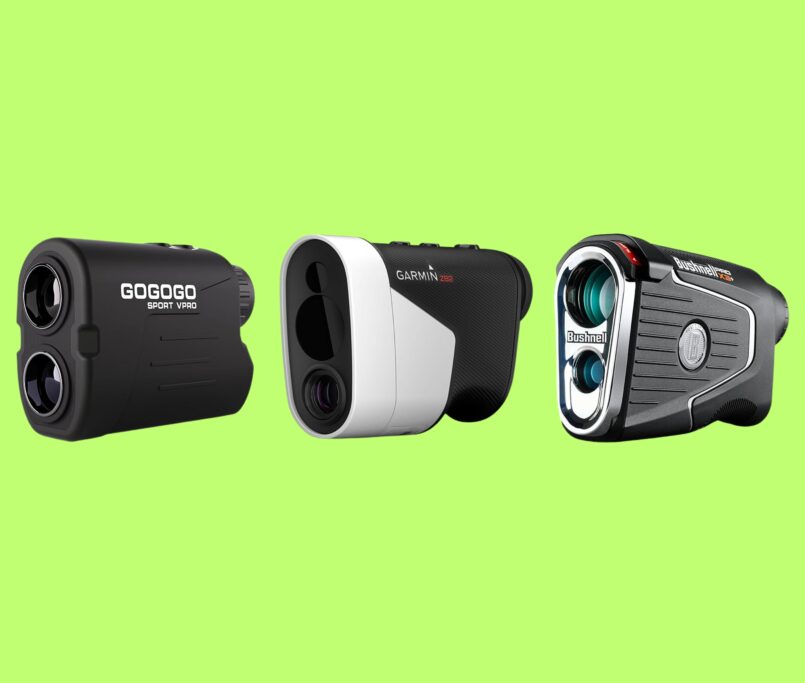 Golfer using a high-precision rangefinder on a professional golf course in 2025.
