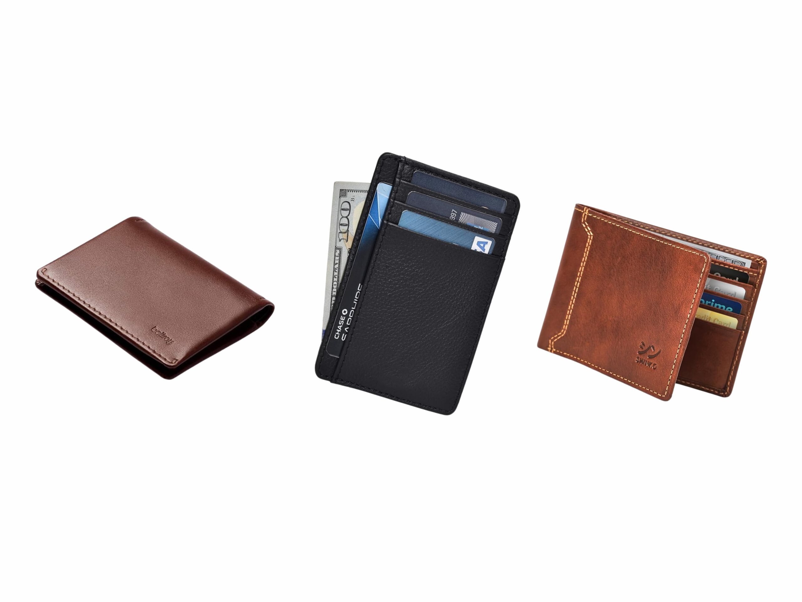 A lineup of stylish everyday carry wallets placed on a wooden desk