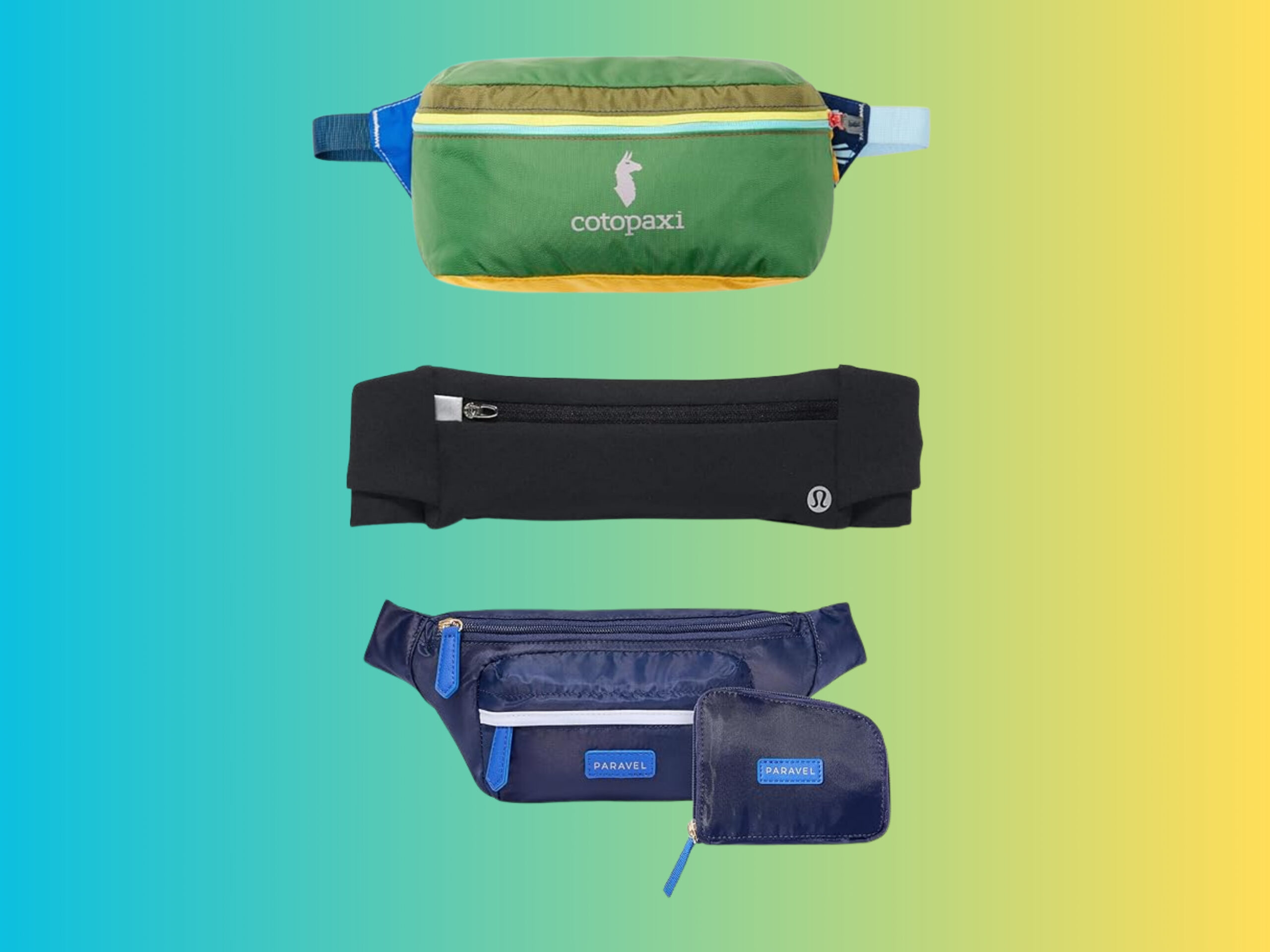 Stylish women’s belt bags and fanny packs in various colors and designs.