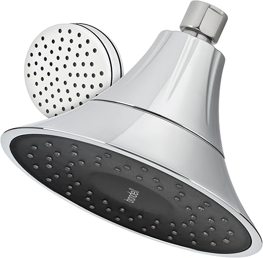 Brondell Nebia VivaSpring Filtered Showerhead installed in a contemporary bathroom, releasing a soft rain spray of filtered water.