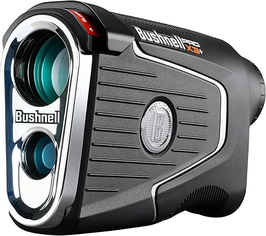 Bushnell Pro X3+ rangefinder with dual display and wind speed tracking on a golf cart mount.