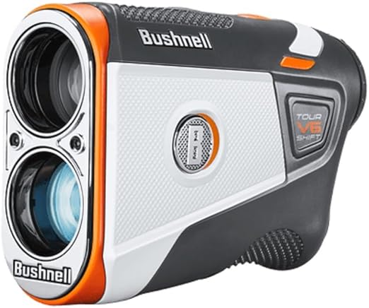 Bushnell Tour V6 Shift golf rangefinder with slope-switch and magnetic mount on a golf cart.