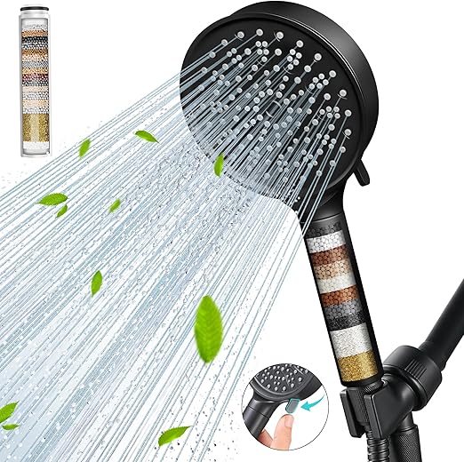 Cobbe handheld filtered shower head with six spray modes and 15-stage internal filtration, mounted on a chrome shower arm.