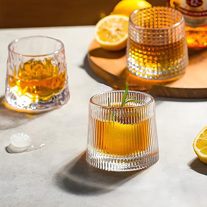 Flat-bottomed crystal whiskey glasses with thick base and clear clarity
