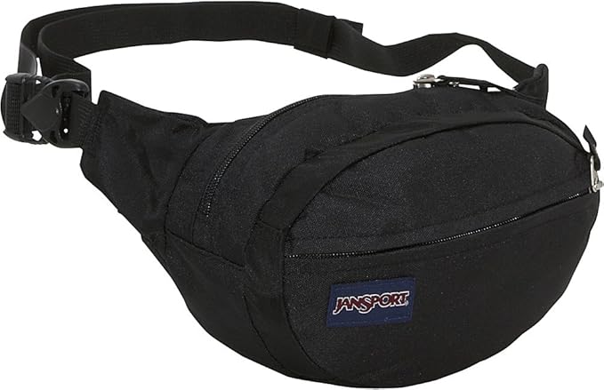 JanSport Fifth Avenue Fanny Pack in classic black with front zipper pocket and adjustable strap.