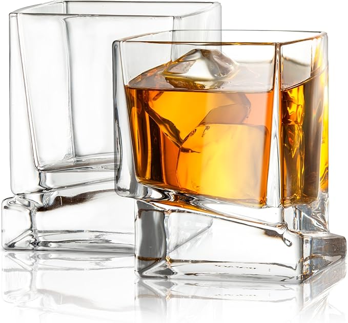 Square-shaped JoyJolt Carre whiskey glasses filled with bourbon