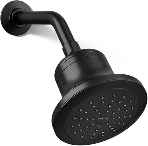 Kohler Cinq fixed filtered showerhead in chrome finish, featuring a five-layer activated charcoal filter and optimized sprayface.