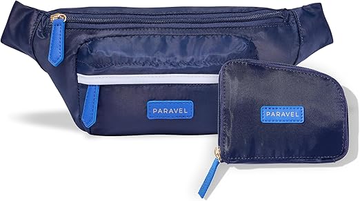 Paravel Fold-Up Belt Bag in neutral beige with gold zipper and adjustable strap, folded flat.