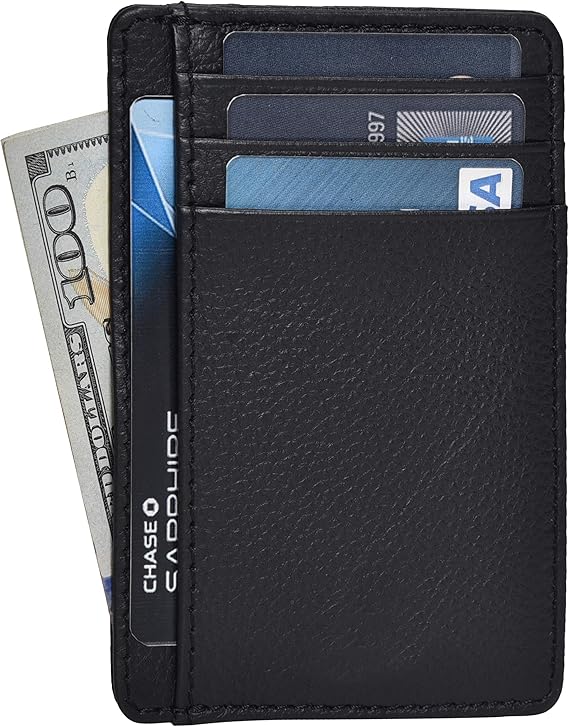 Real leather slim minimalist wallet with a smooth finish, holding cards and cash