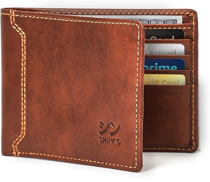 SHINKO Italian leather wallet in dark brown with multiple card slots and a slim bifold design