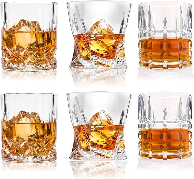 Clear Old Fashioned DeeCoo whiskey glasses filled with Scotch