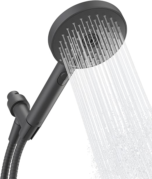Sproos! handheld filtered shower in bold yellow with silicone nozzles, pause button, and stainless-steel hose.