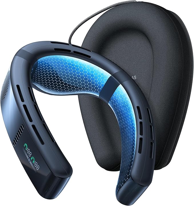 Person using Torras Coolify Cyber Neck Air Conditioner with visible cooling plates and vents